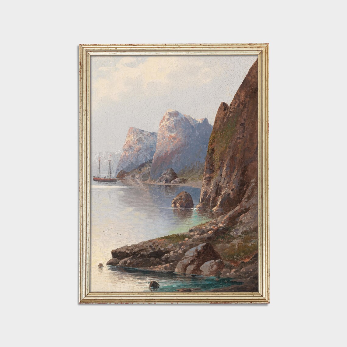 Rocky Fjord Coast Painting Sailboat Vintage Coastal Wall Art - Image 2