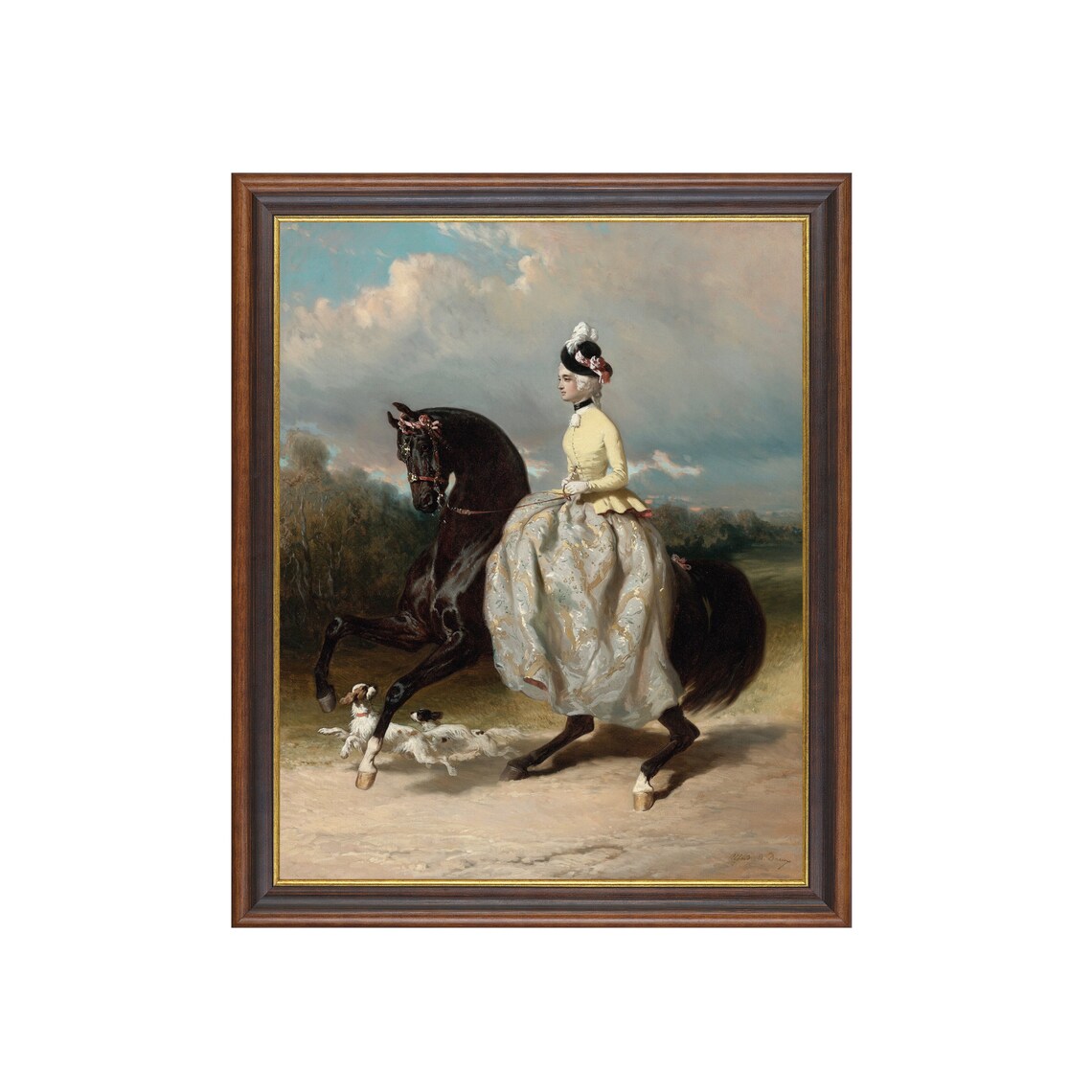 Victorian Lady in Yellow Riding Dress on Black Horse Vintage Poster
