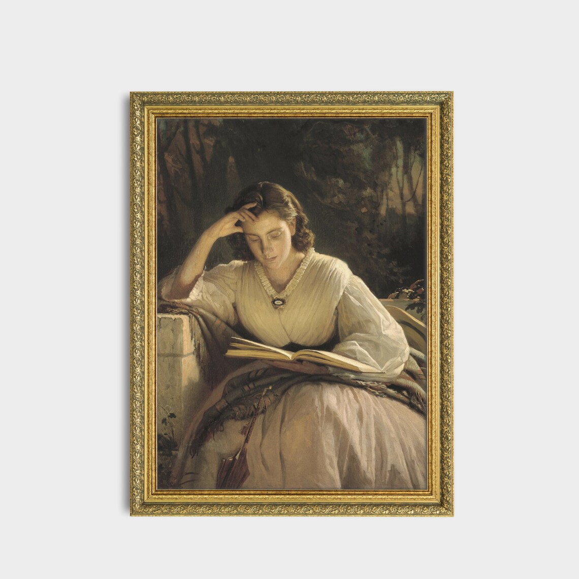 Woman Reading a Book Outdoors at Dusk Vintage Portrait Poster - Image 3