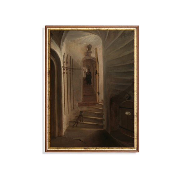 Vintage Interior Painting Antique Architecture Print Dark Academia Moody Rustic Wall Art Fine Art Print