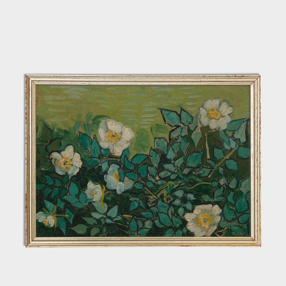 White Wild Roses Green Leaves Impressionist Floral Art Poster - Image 3