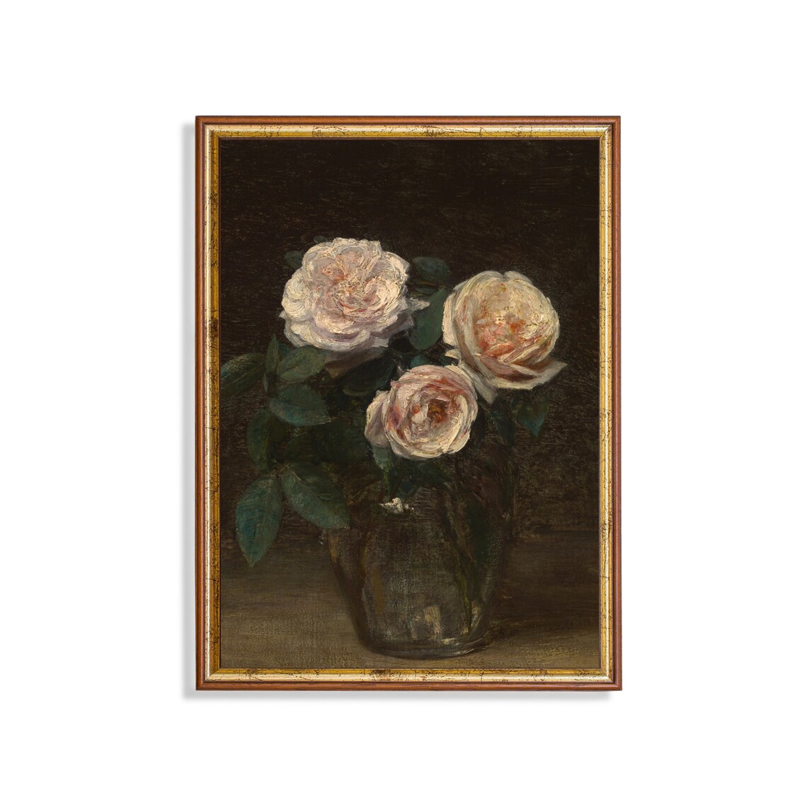 Three Pale Pink Roses in a Glass Vase Moody Floral Still Life Print