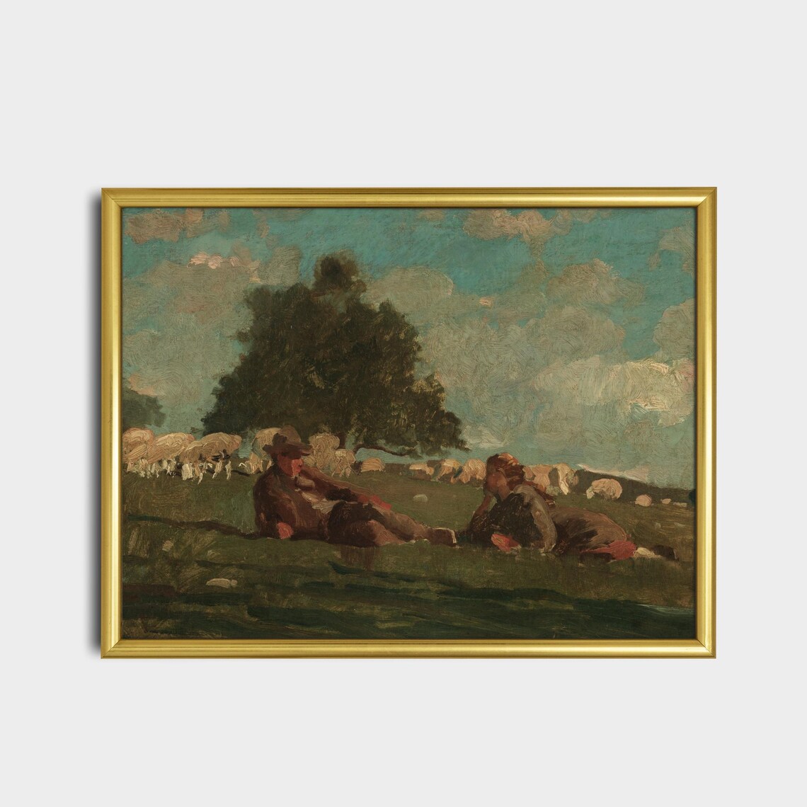 Boy and Girl Resting With Their Sheep in a Green Pasture Poster - Image 2