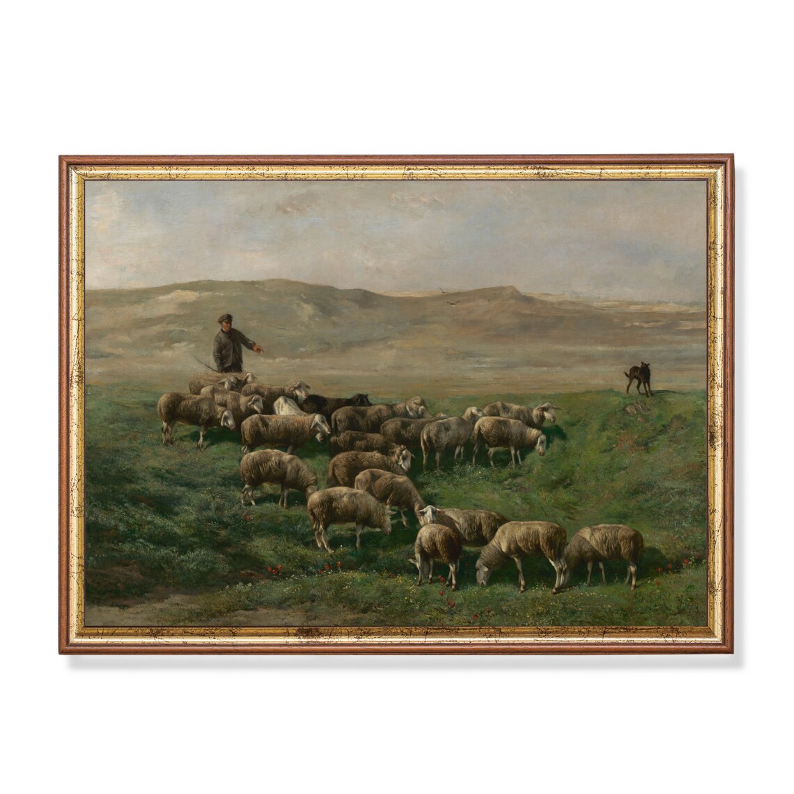 Shepherd Guiding Sheep On Hills Vintage Pastoral Painting Poster