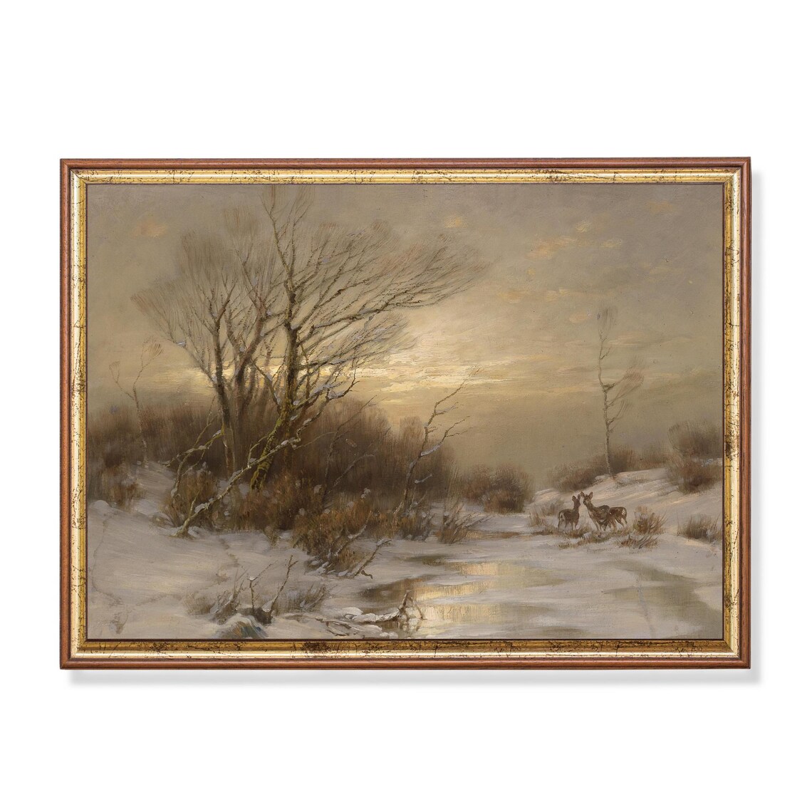 Deer by a Frozen Stream in a Snowy Winter Landscape Vintage Poster