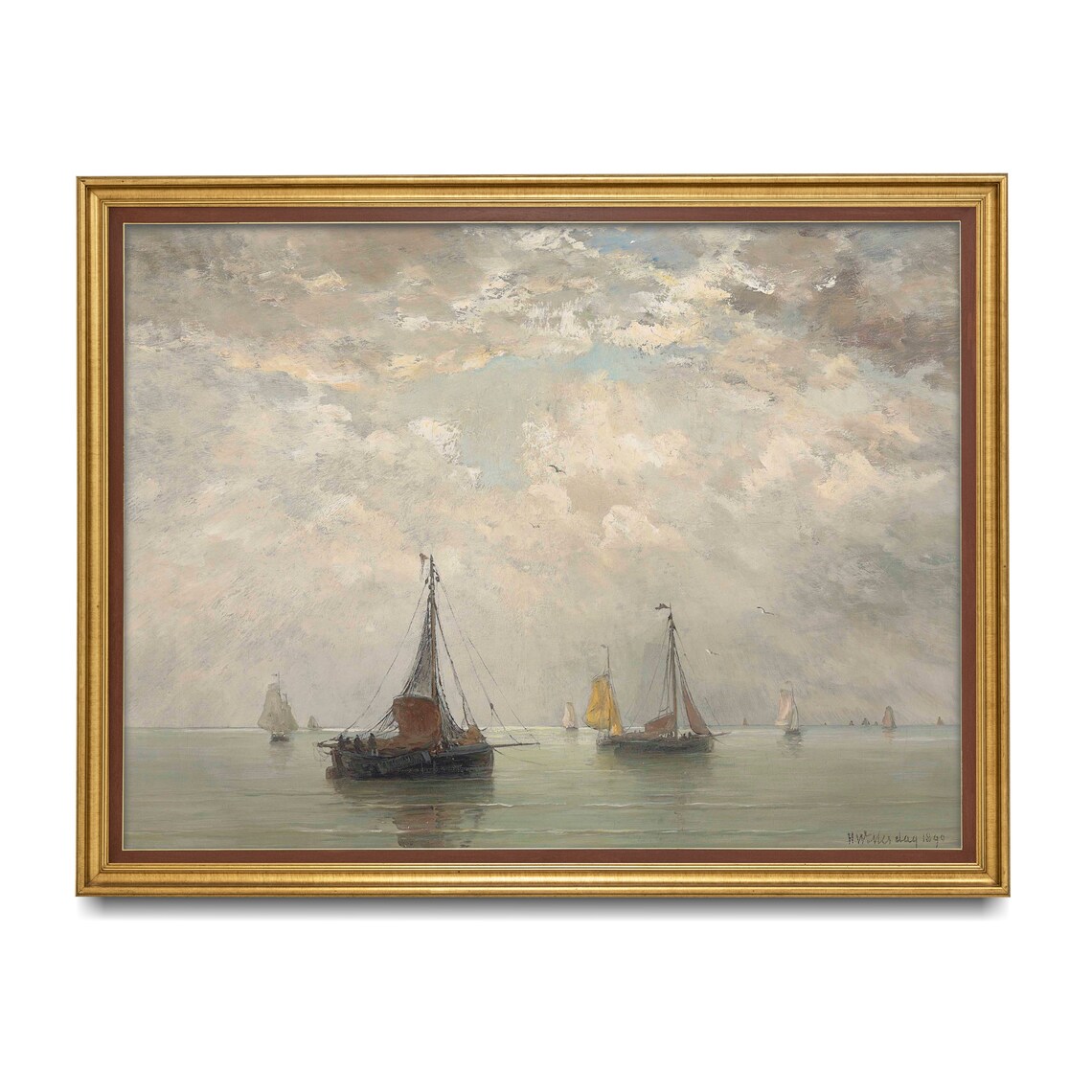 Morning Sailboats on a Hazy Sea Vintage Dutch Seascape Painting Poster - Image 2