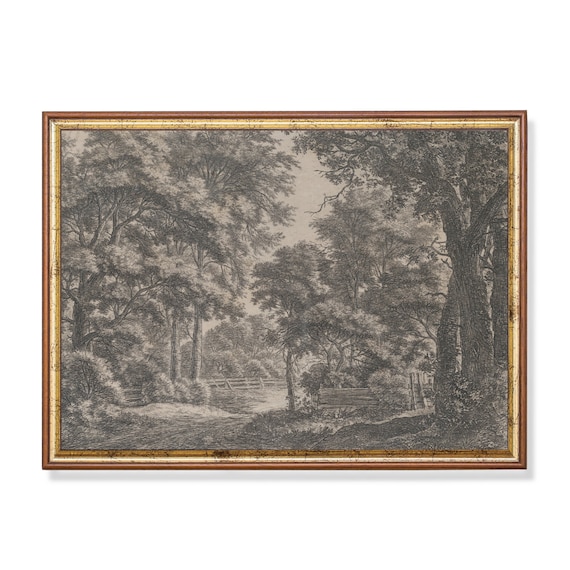 Print And Ship Landscape Sketch Print Vintage Drawing Neutral Rustic Country Decor Antique Etching Wall Art Forest Nature Art