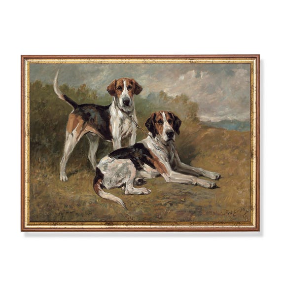 Printed And Shipped Vintage Dog Painting Antique Animal Print Moody Rustic Art Farmhouse Decor Physical Print Two Hounds Resting