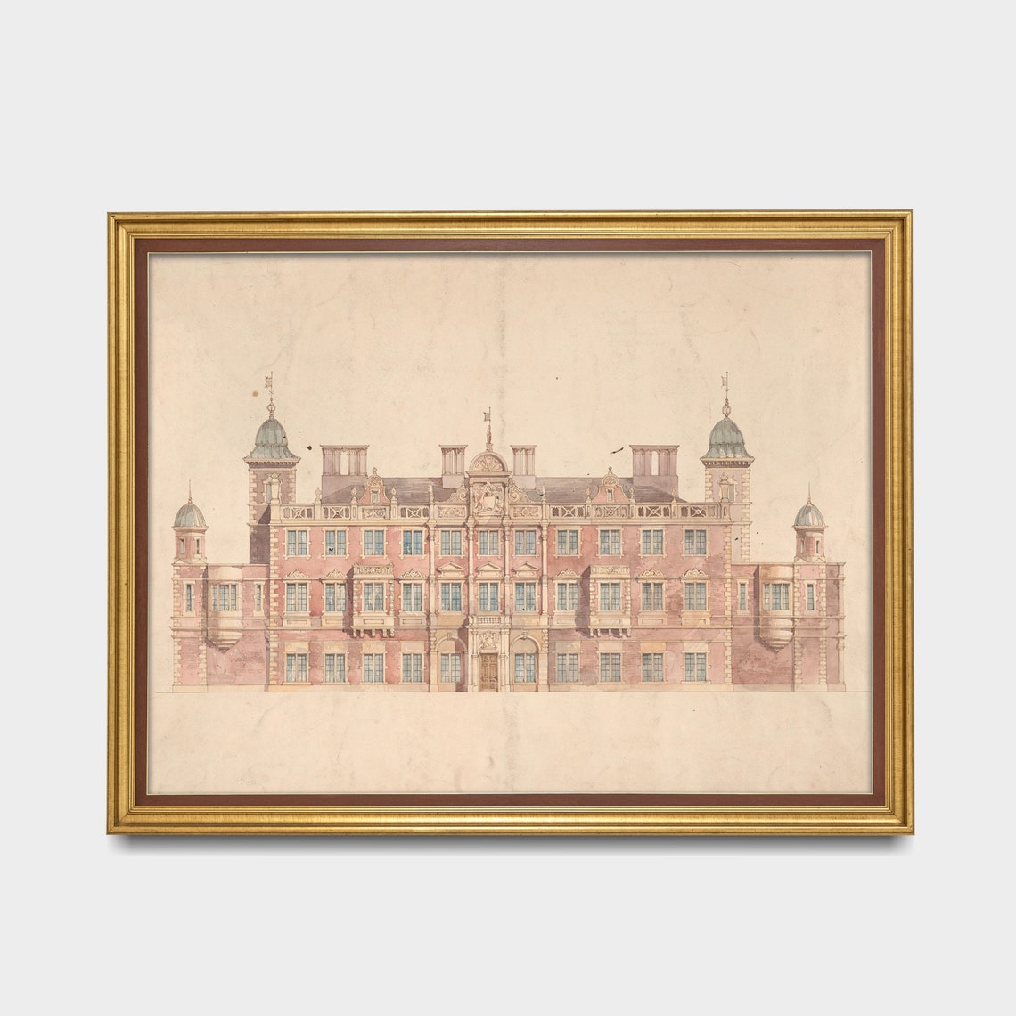 Grand Stately Home Architectural Elevation Watercolor Drawing Print - Image 3