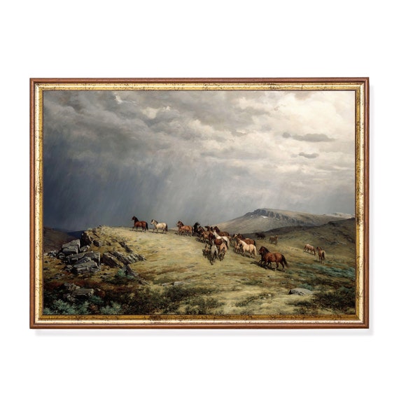Print And Ship Vintage Painting Horses In The Mountains Antique Horses Print Moody Rustic Landscape Art Mailed Print