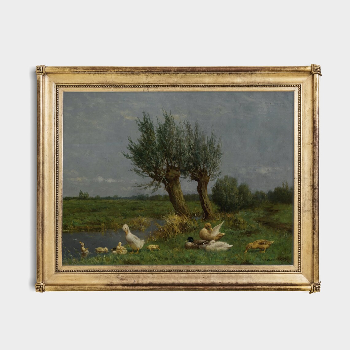 Duck with Ducklings by a Willow Lined Stream Farm Pond Painting Poster - Image 2