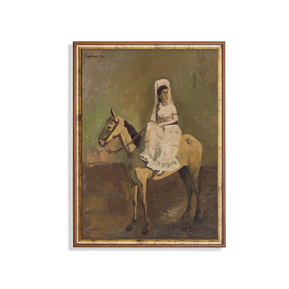 Elegant Lady in White Riding a Palomino Horse Portrait Poster