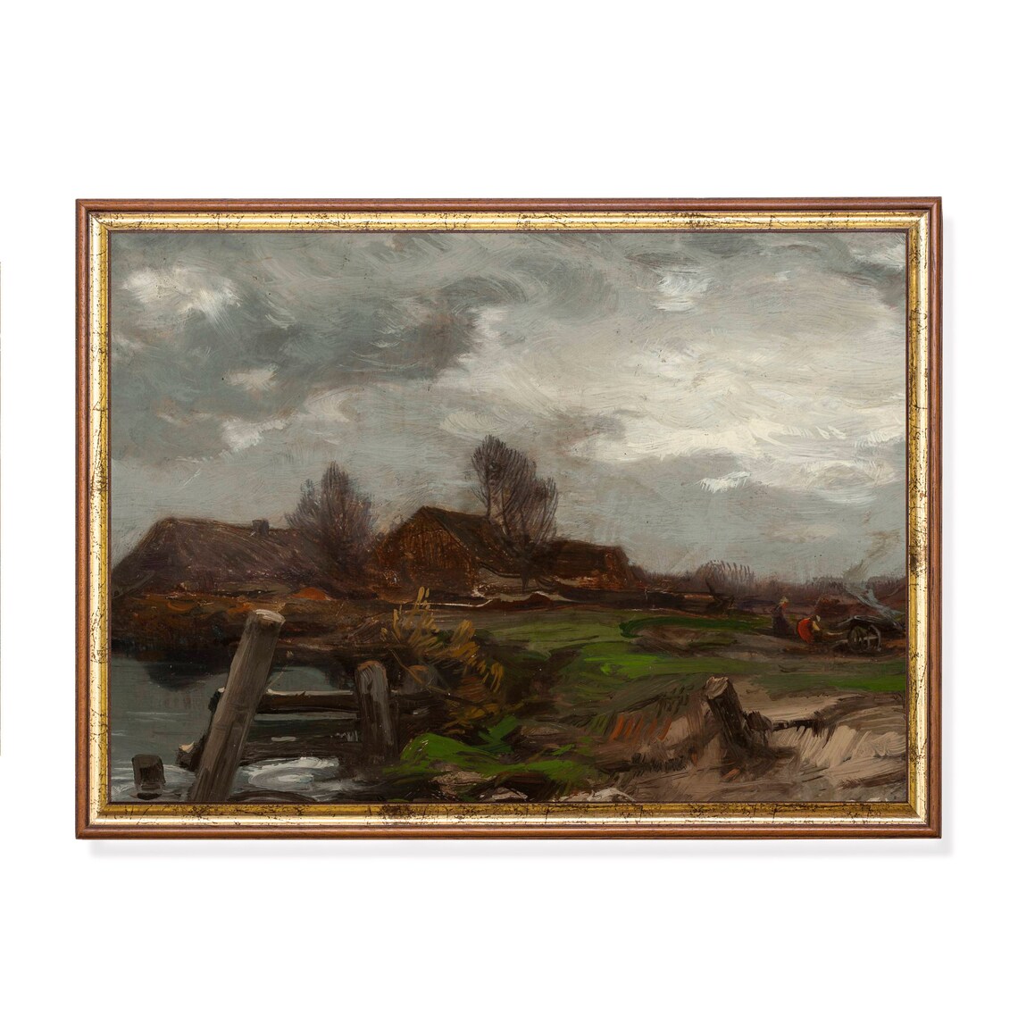 Dutch Cottages by a Canal Moody Antique Countryside Painting Poster