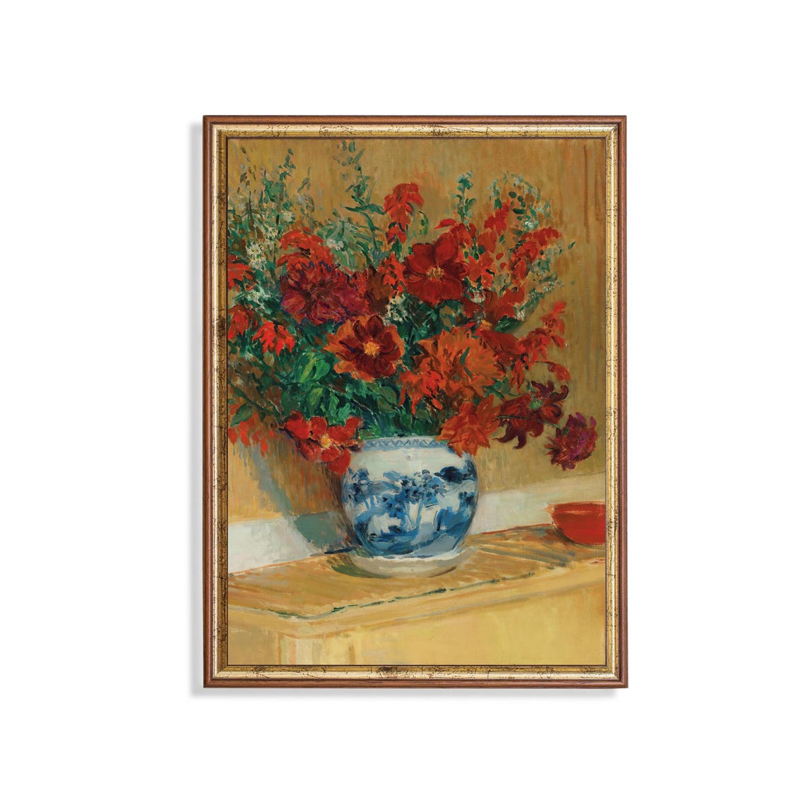 Bright Red Cosmos Bouquet in a Blue and White Vase Floral Poster