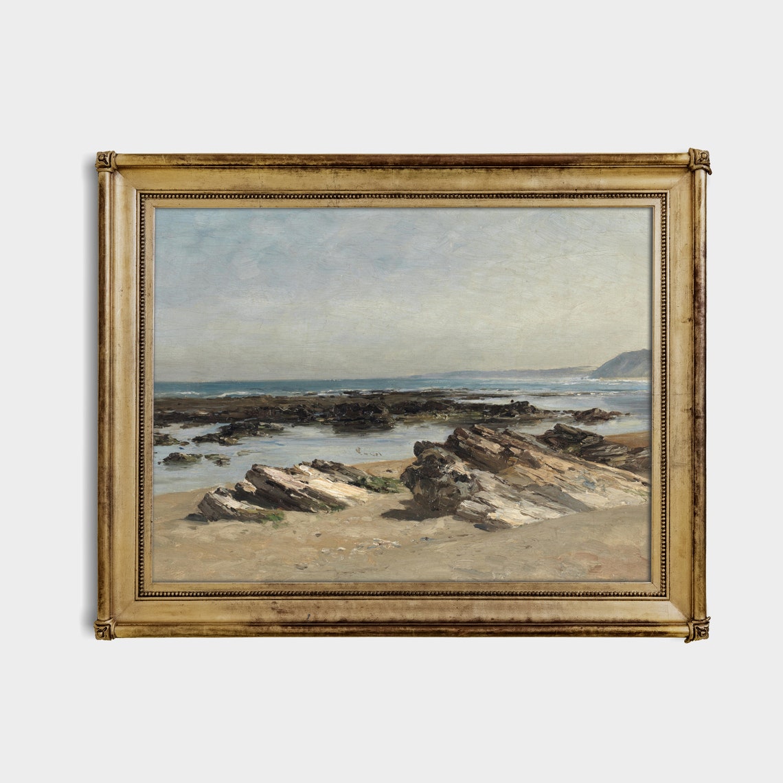 Rocky Shoreline with Tide Pools and Distant Cliffs Seaside Poster - Image 3