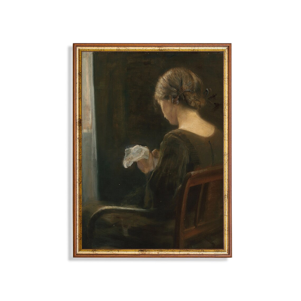 Vintage Portrait of Woman Sewing at the Window, Art Print