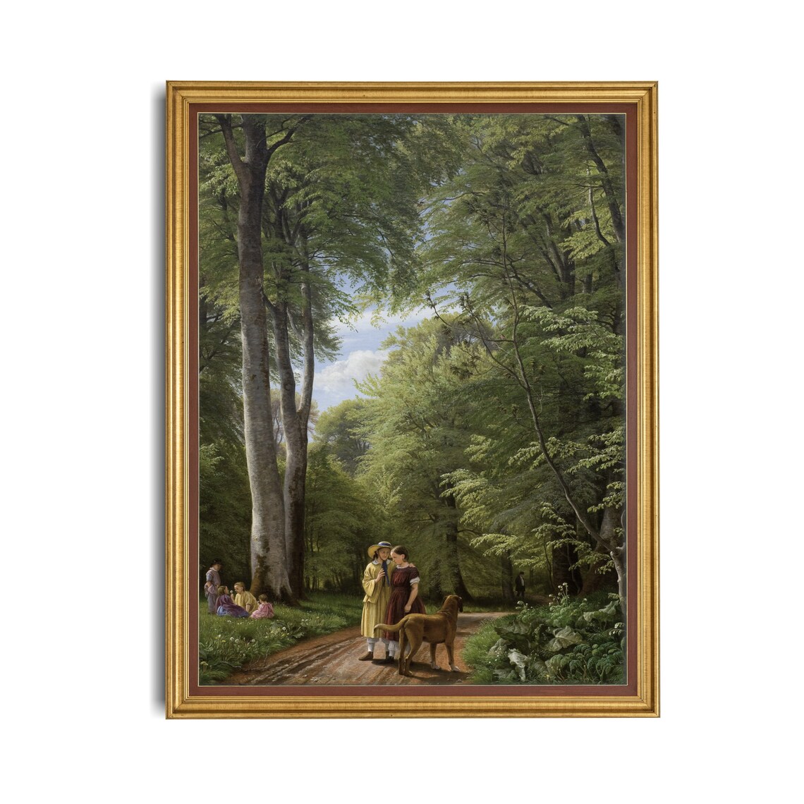 Tall Beech Forest Road With Children Dog Vintage Painting Poster - Image 2