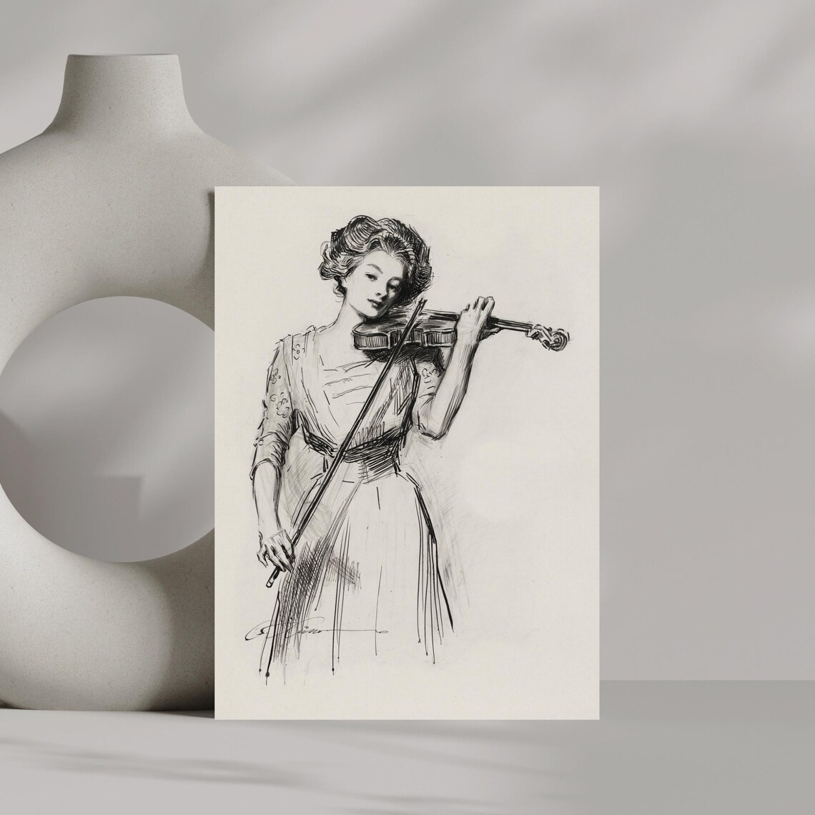 Woman Playing the Violin Elegant Black and White Sketch Poster - Image 3