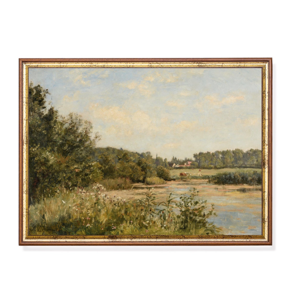 Quiet River Meadow With Wildflowers And Distant Farmhouse Poster