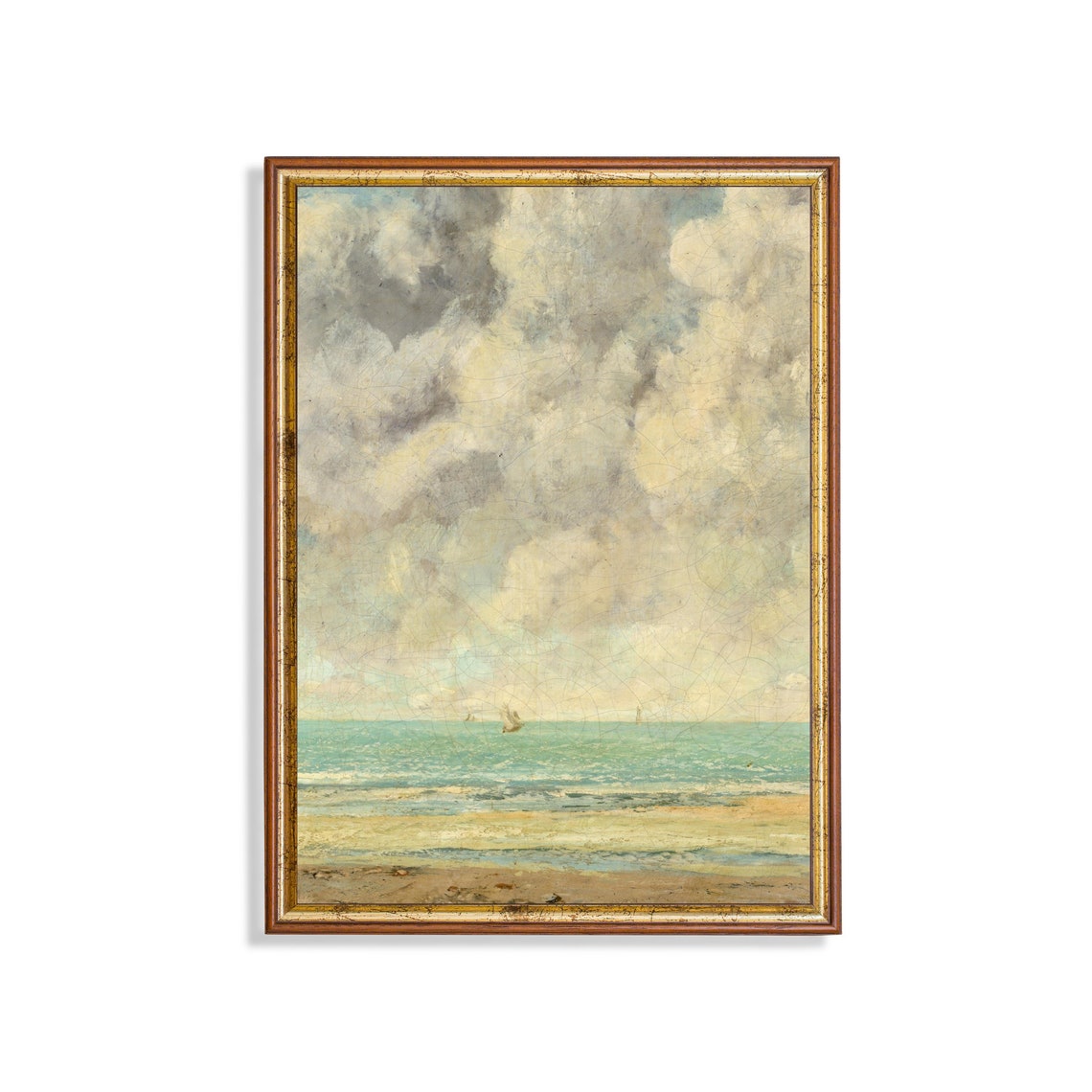 Cloudy Sky over Turquoise Sea Beach Vintage Seascape Painting Poster
