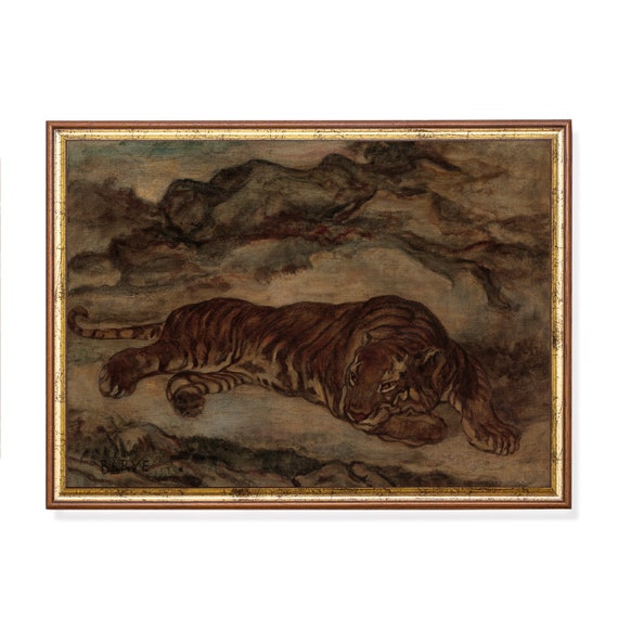 Printed And Shipped Tiger Painting Vintage Animal Print Dark Moody Rustic Wall Decor Oil Painting Art Farmhouse Decor