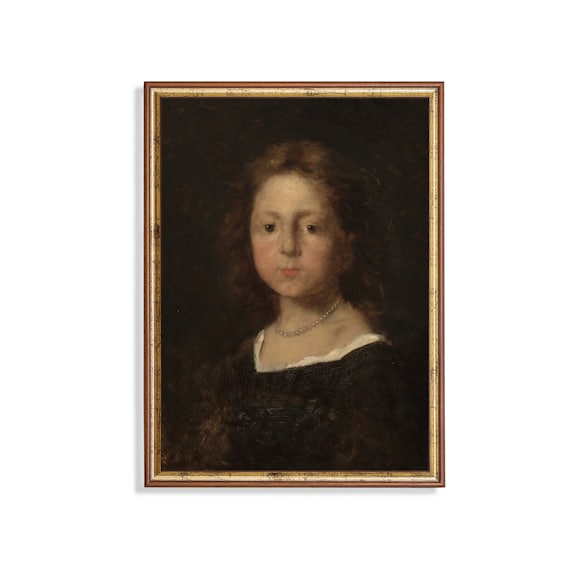 Young Girl Pearl Necklace Dark Vintage Portrait Painting Poster