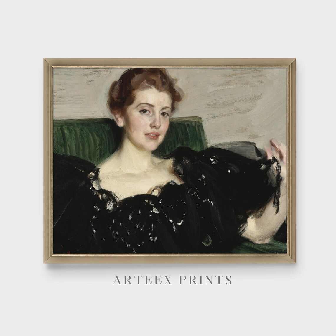 Young Woman in a Black Dress on a Green Sofa Antique Portrait Poster - Image 4