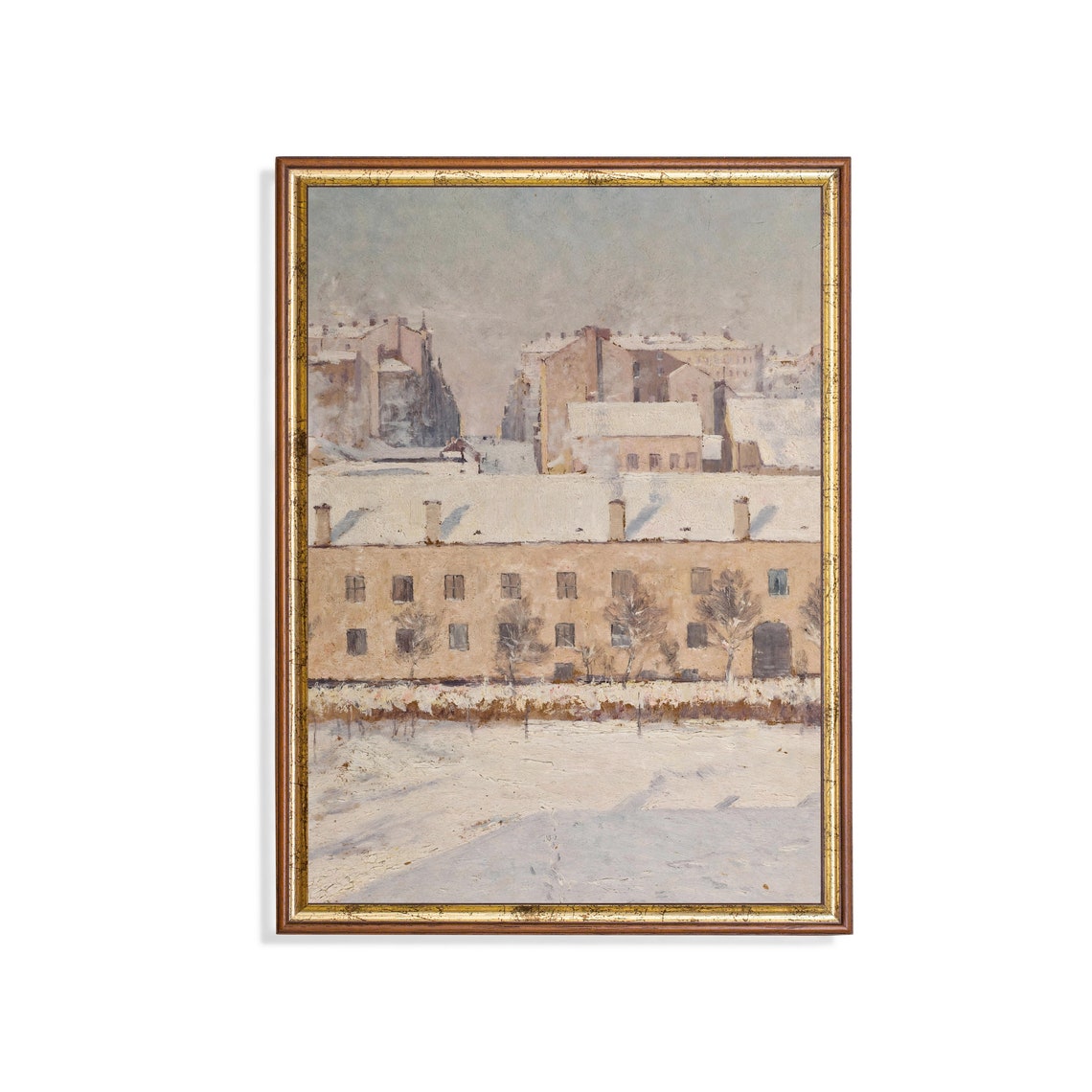 Snow-Covered Old City Rooftops Vintage Winter Cityscape Poster