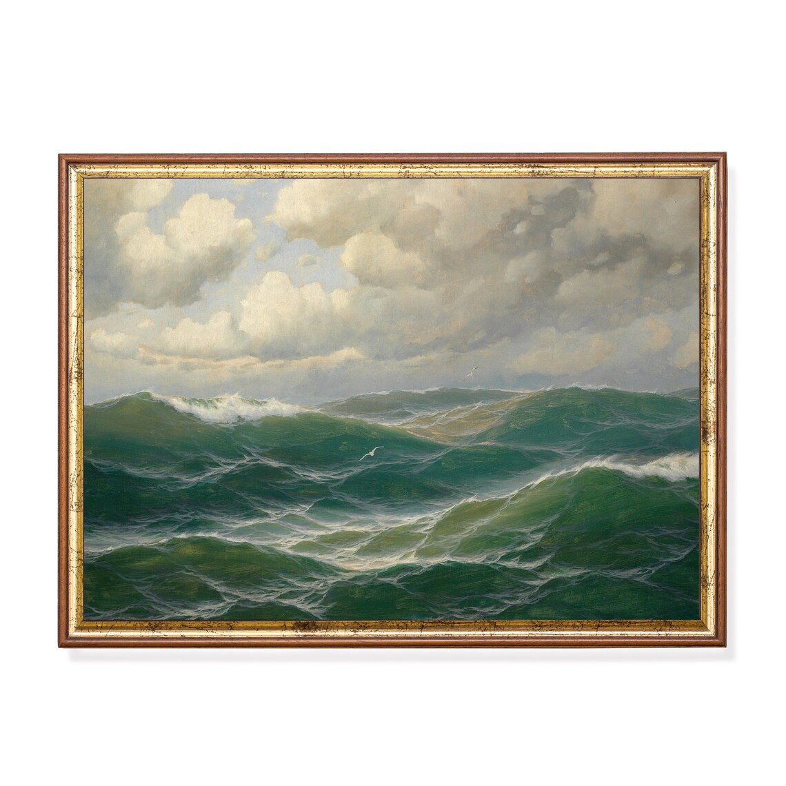 Green Ocean Waves Under Cloudy Sky Vintage Seascape Painting Poster