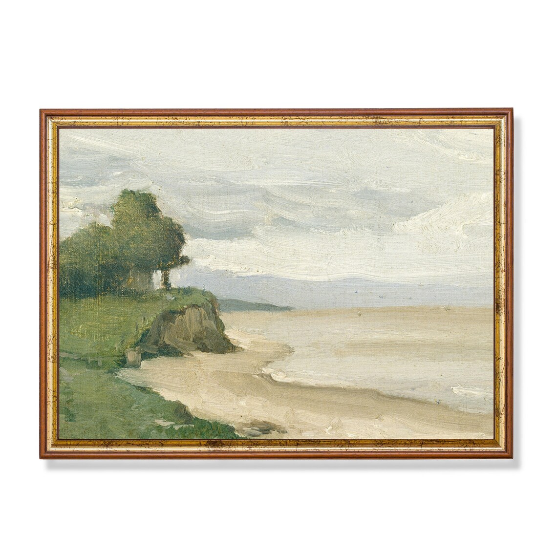 Pale Sandy Cove Beneath Grassy Rocky Cliff Vintage Seascape Poster
