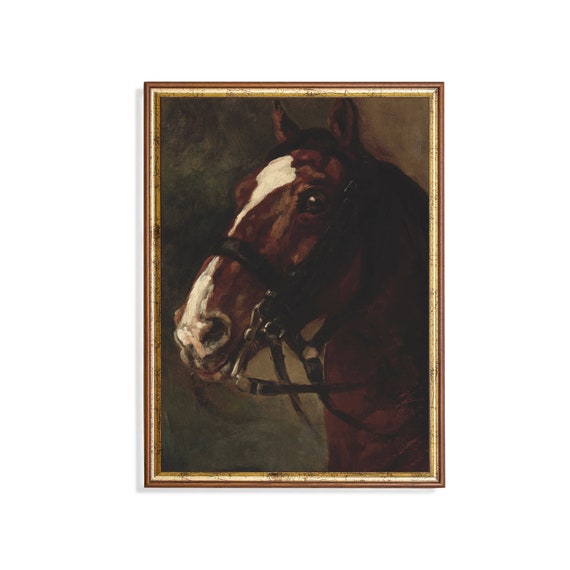 Horse Portrait Vintage Oil Painting Moody Rustic Dark Academia Antique Animal Wall Art Farmhouse Decor