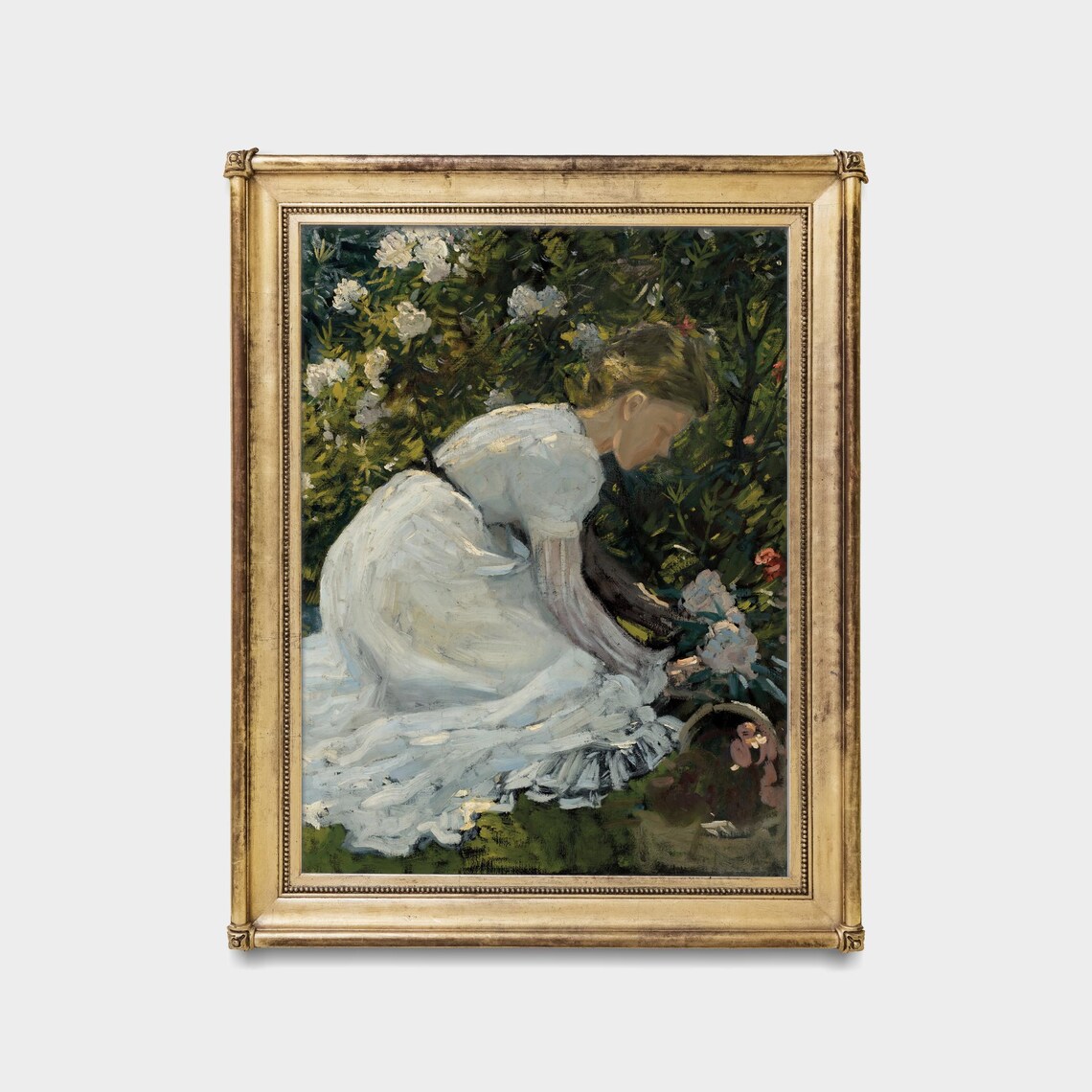 Young Woman Gathering Flowers in a White Dress Garden Poster - Image 5