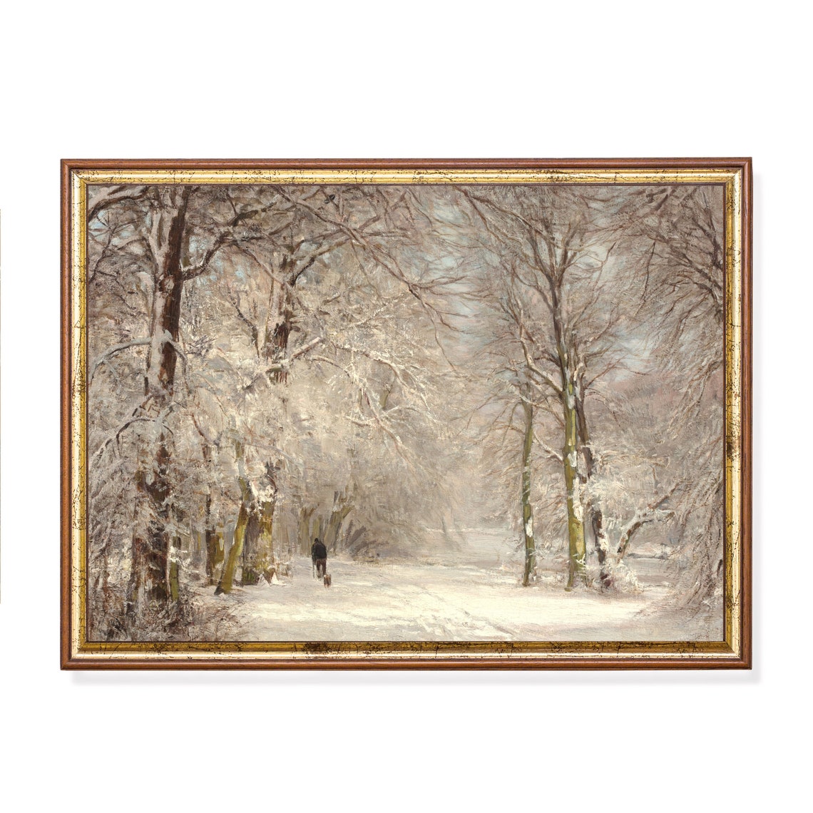 Snowy Forest Path with Lone Winter Walker Antique Painting Poster