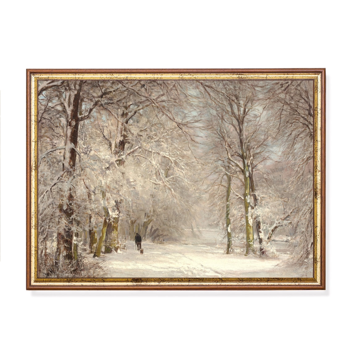 Solitary Walker with a Dog on a Snowy Forest Path Winter Poster