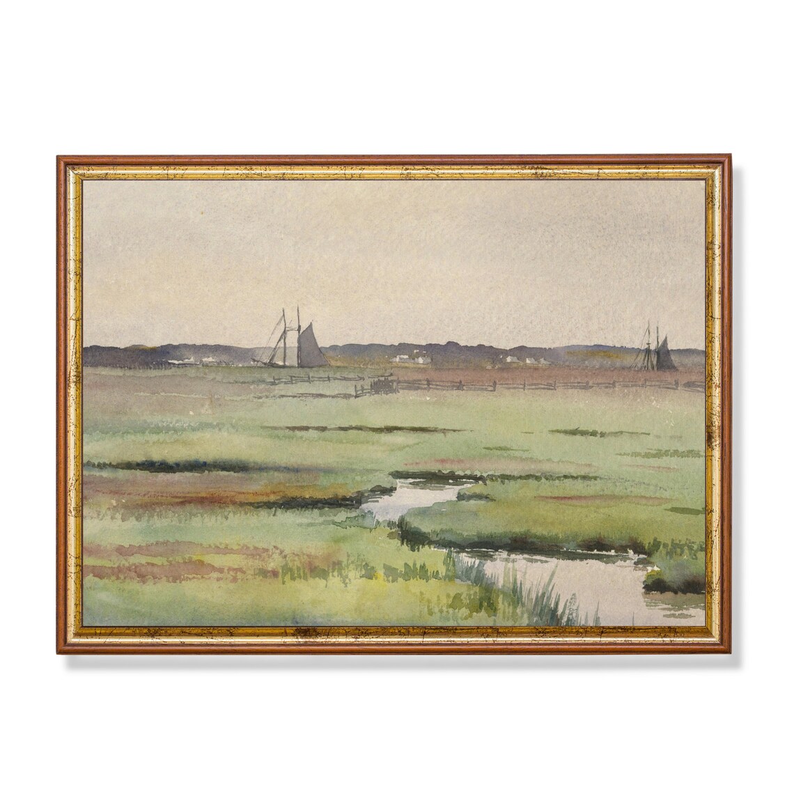 Watercolor Coastal Marsh Painting Muted Sailboats Antique Wall Art