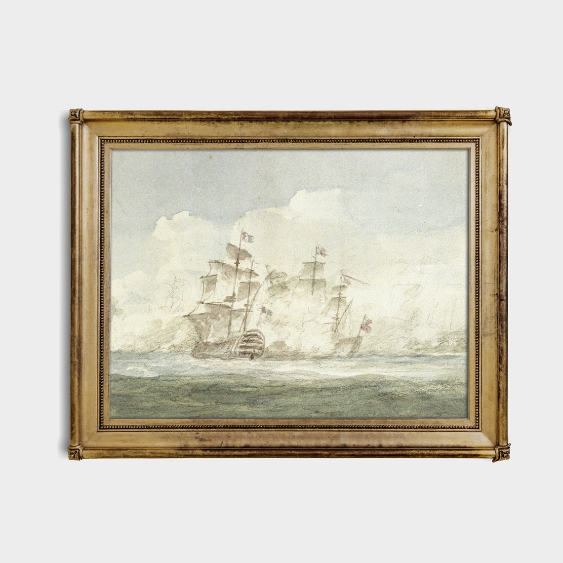 Vintage Seascape Painting Antique Sailing Ship Fine Print Muted Ocean Beach Wall Art Nautical Decor - Image 3