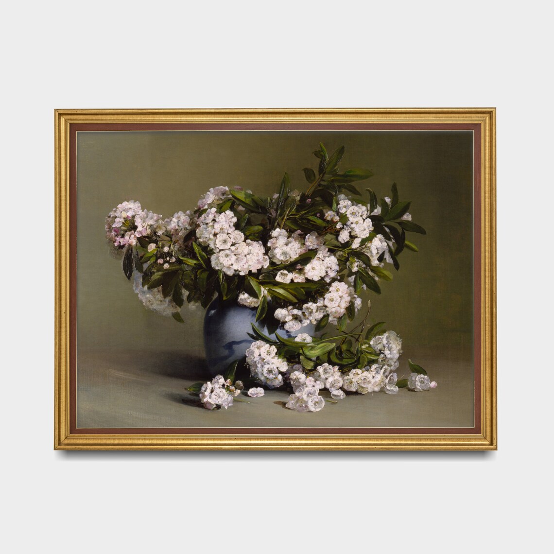 White Blossoms in Blue Vase Vintage Floral Still Life Poster - Image 3