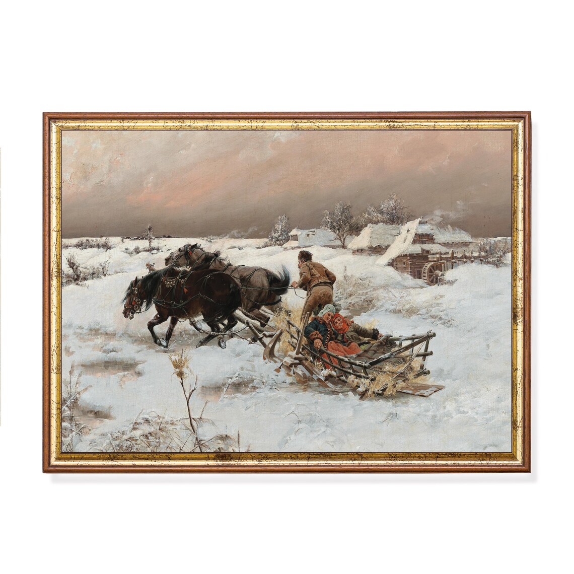 Two Horses Pulling A Wooden Sleigh Through Snow Vintage Winter Poster