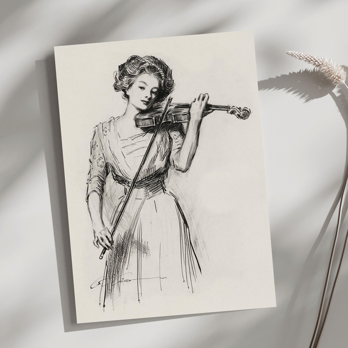 Woman Playing the Violin Elegant Black and White Sketch Poster - Image 4