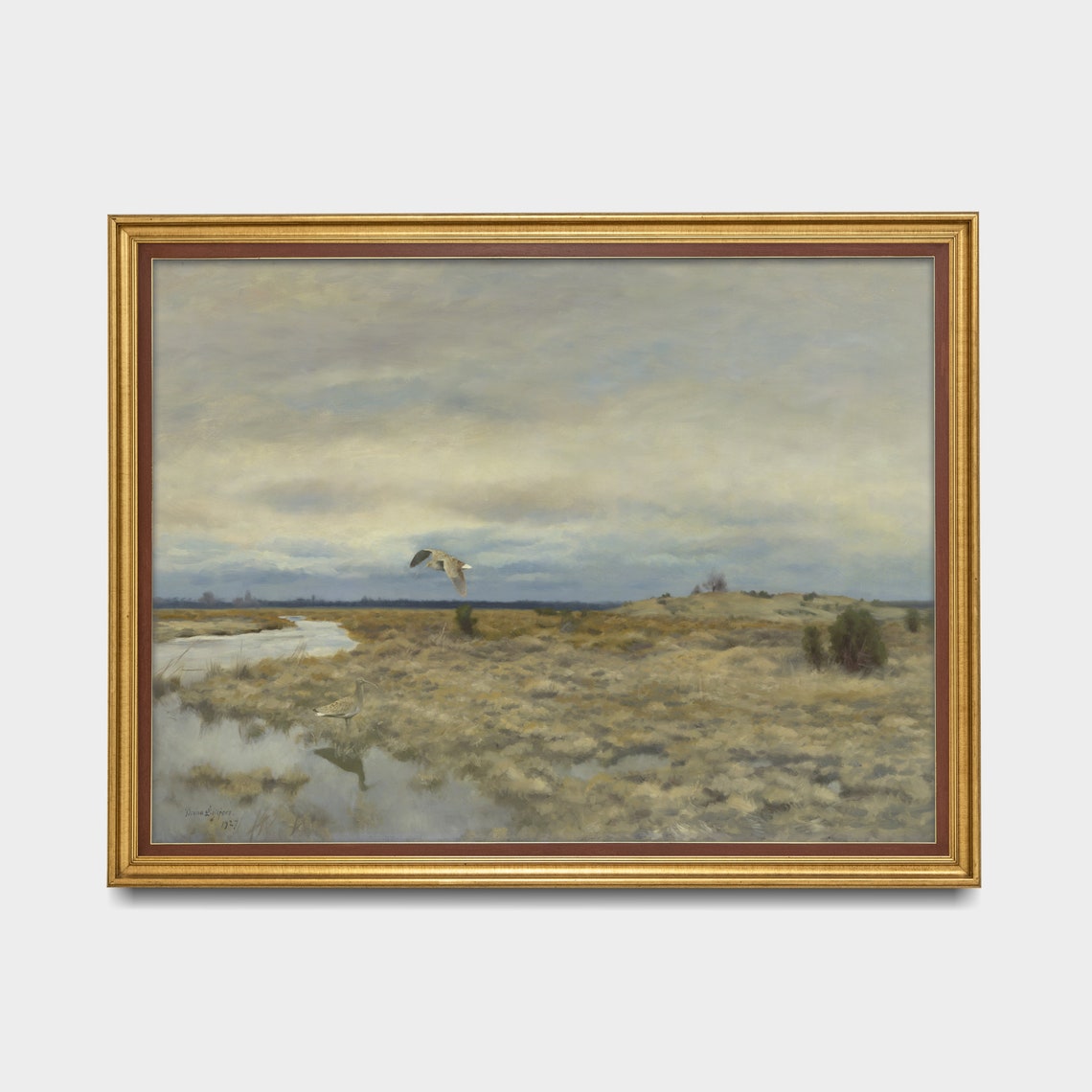 Dusk Wetland Landscape With Flying and Wading Geese Antique Poster - Image 5