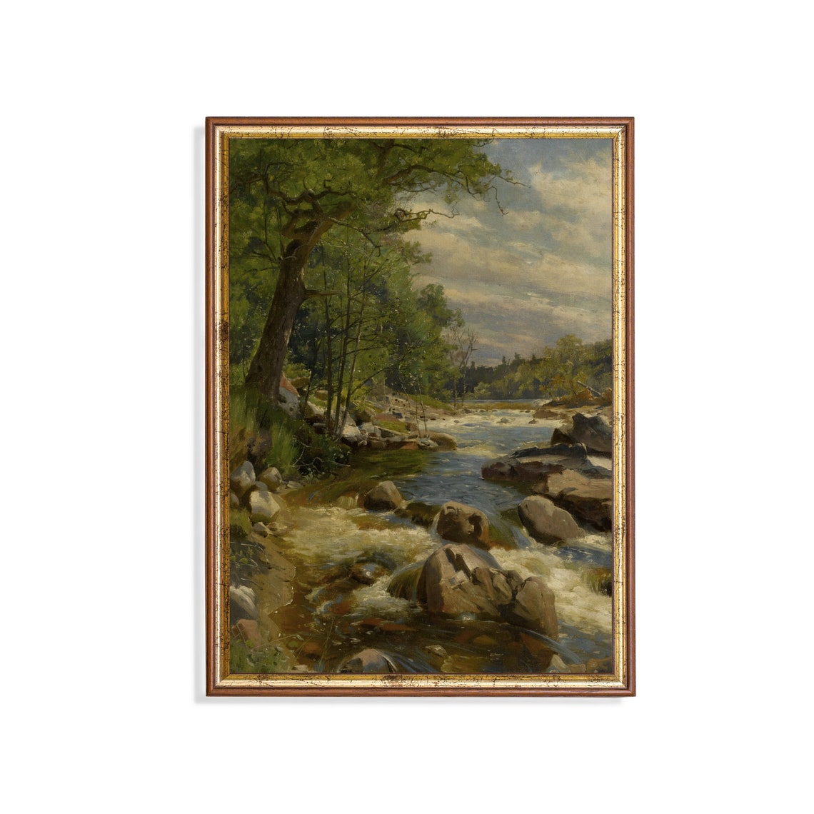 River Rapids Over Boulders Antique Vertical Forest Painting Poster