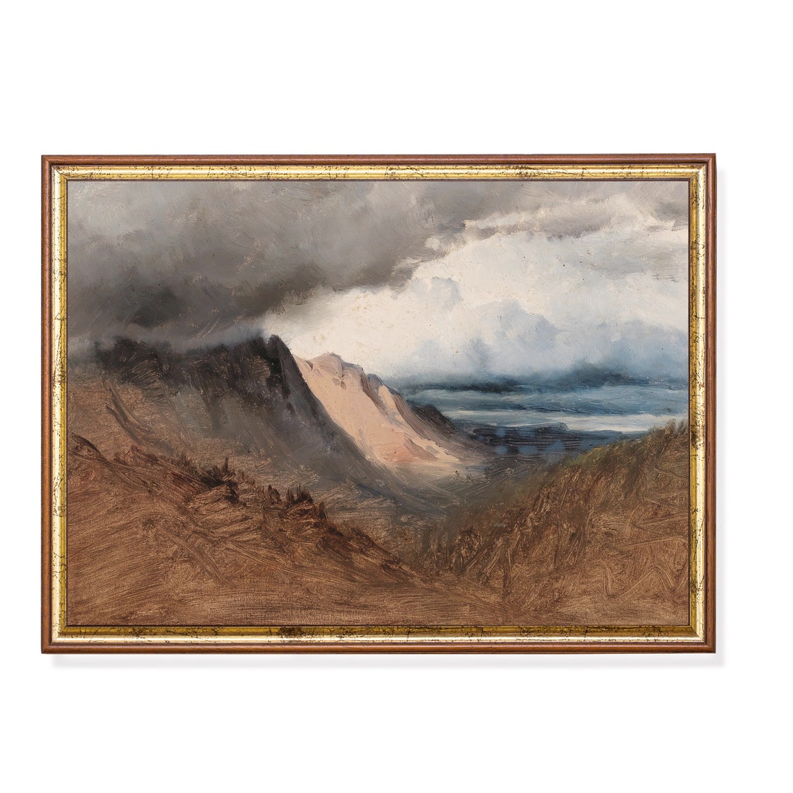 Moody Storm Mountain Pass Distant Sea Rugged Vintage Painting Poster