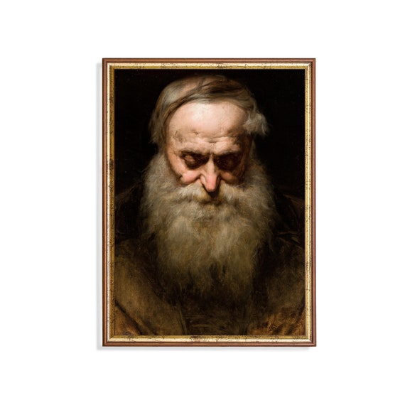 Old Man Portrait With Grey Beard Vintage Portrait Painting Dark Moody Rustic Print Oil Painting Wall Art