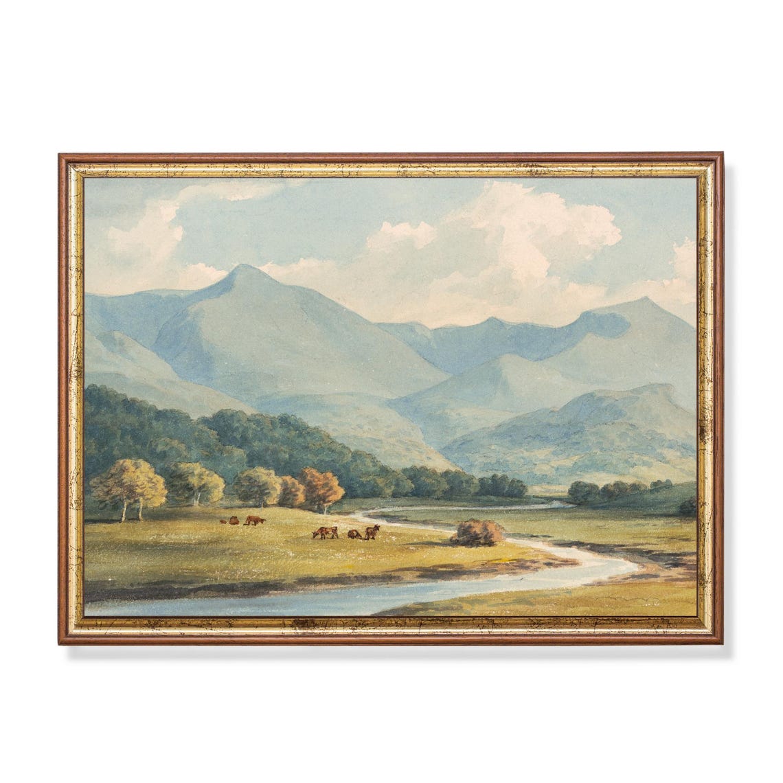 Mountain Valley River with Grazing Cattle Scenic Landscape Poster