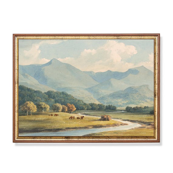 Printed And Shipped Vintage Painting Mountain Landscape Antique Wall Art Riverscape Print Farmhouse Decor Physical Prints