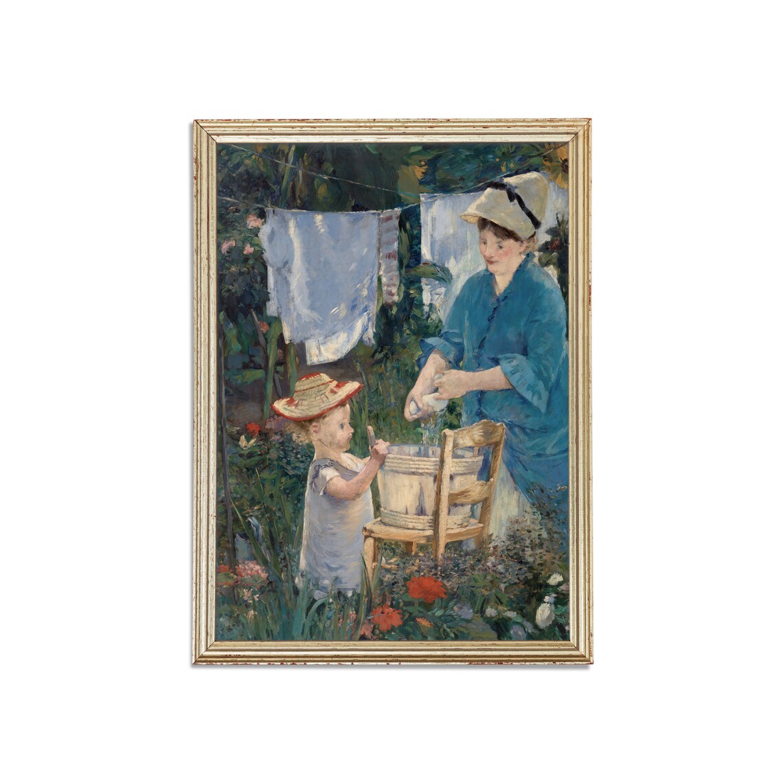 Mother and Child Hanging Laundry in a Garden Impressionist Poster - Image 3