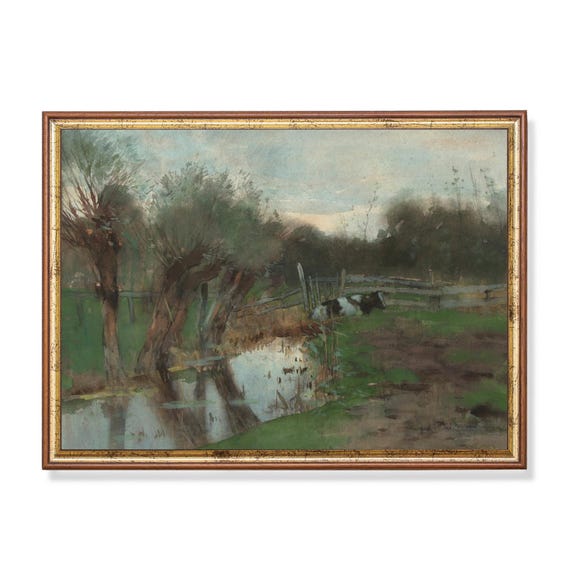Print And Ship Vintage Landscape Painting Country Landscape Antique Moody Print Cows In Meadow Mailed Print Fine Art