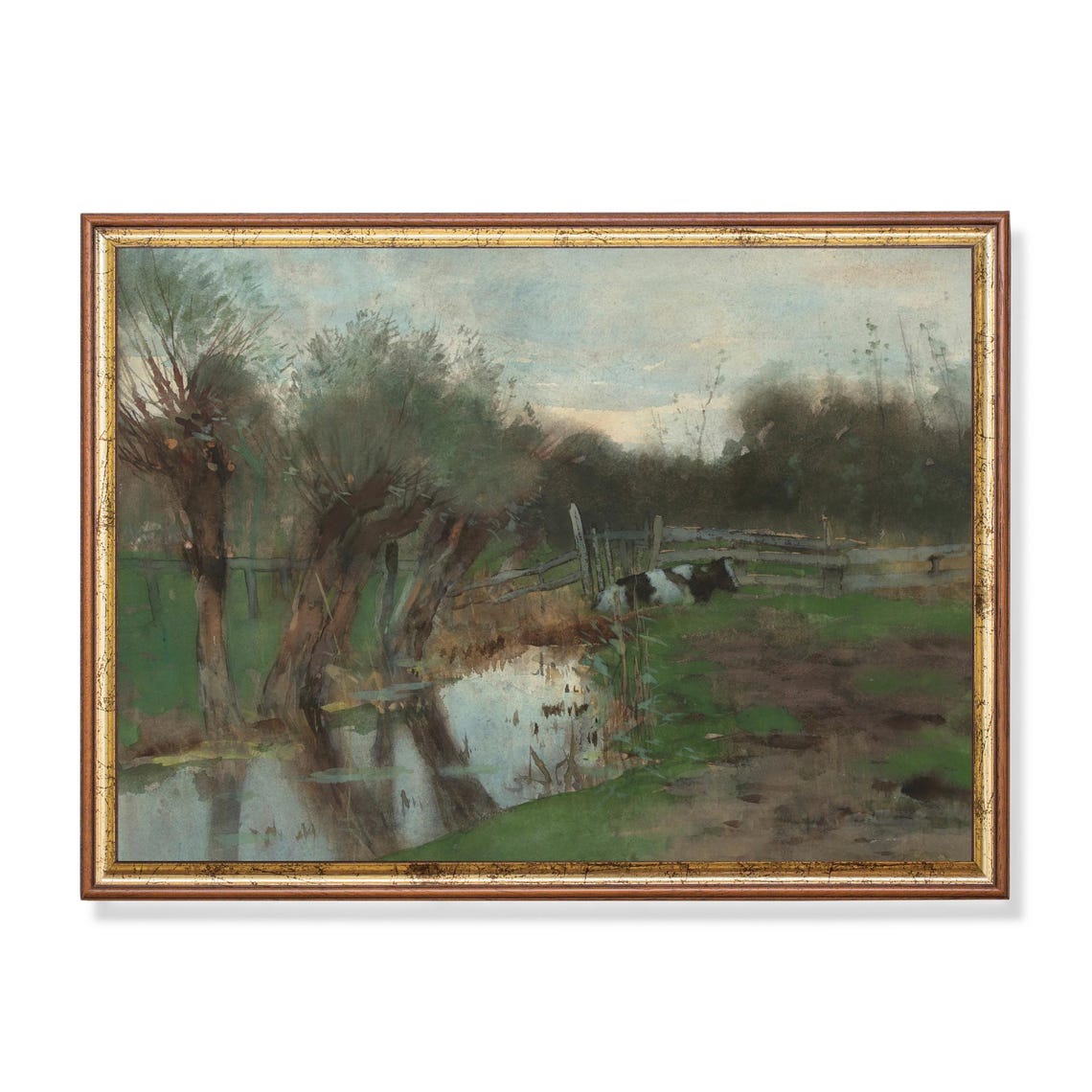 Cows Watering Pond Willow Trees Watercolor Rural Meadow Art Poster