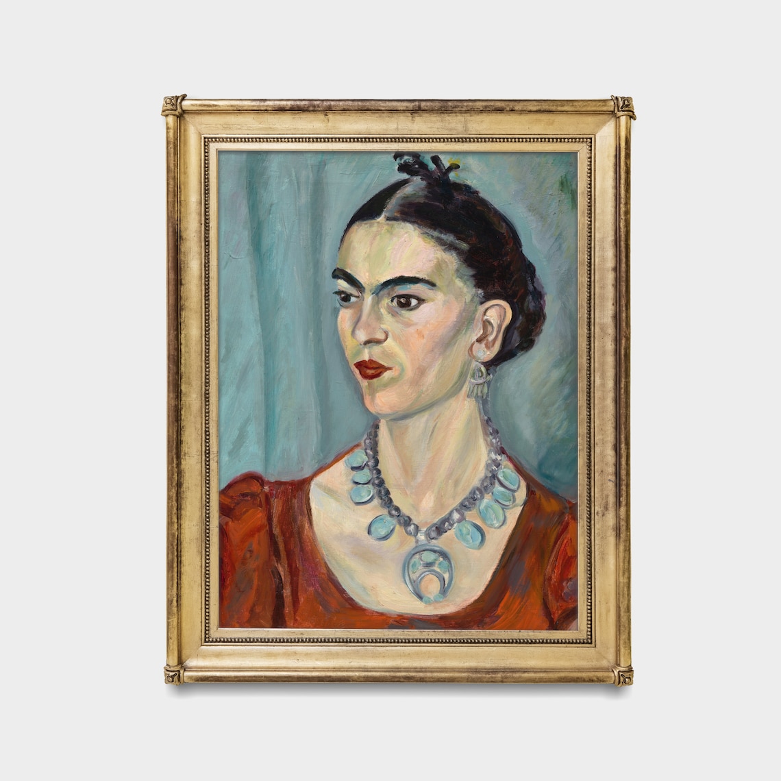Striking Woman In Red Dress With Turquoise Necklace Vintage Portrait Poster - Image 2