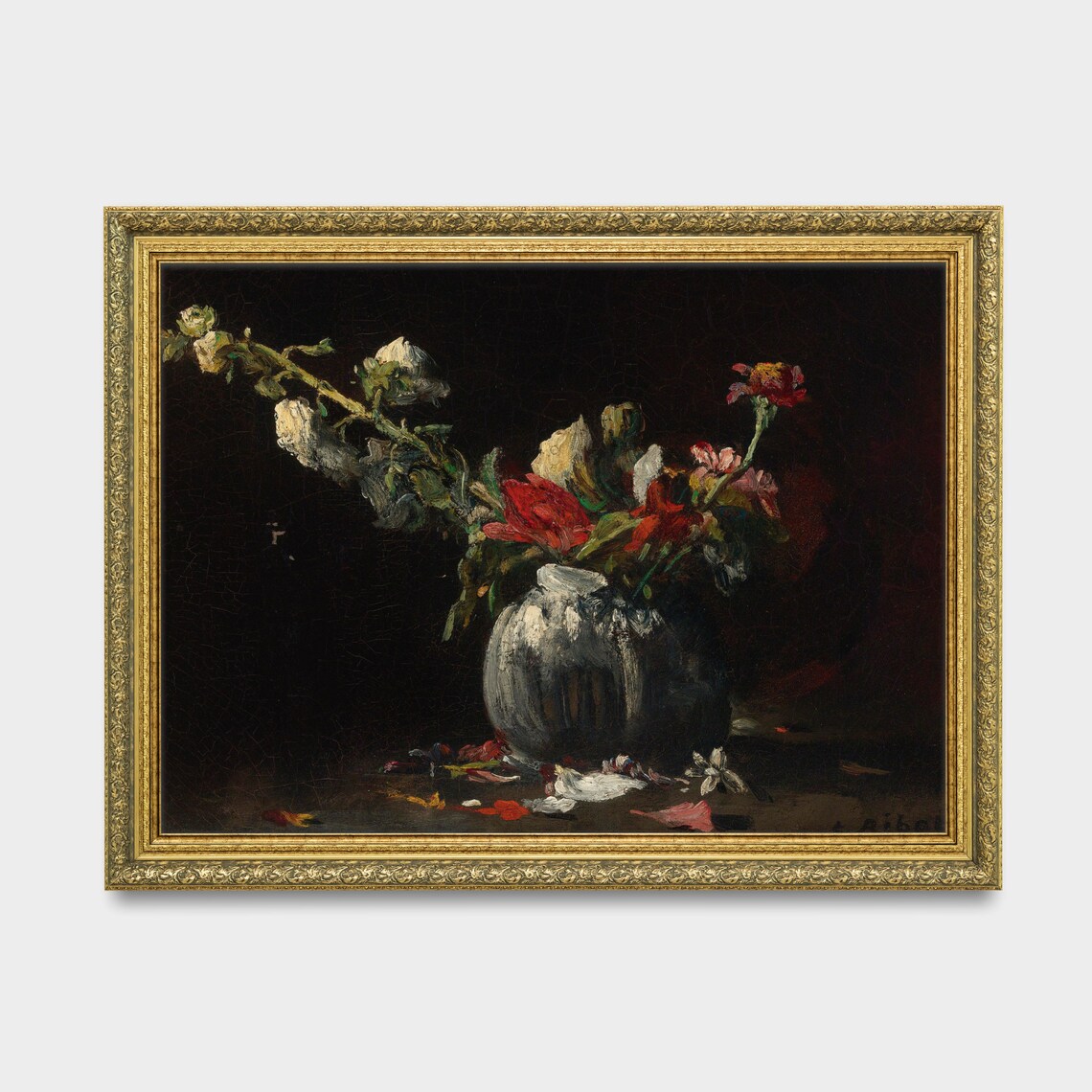 White Vase With Red And White Flowers On Black Still Life Poster - Image 2
